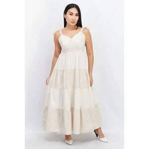 Lost + Wander Women Tie Sleeve Checkered Midi Dress, Beige/White Size Medium NEW